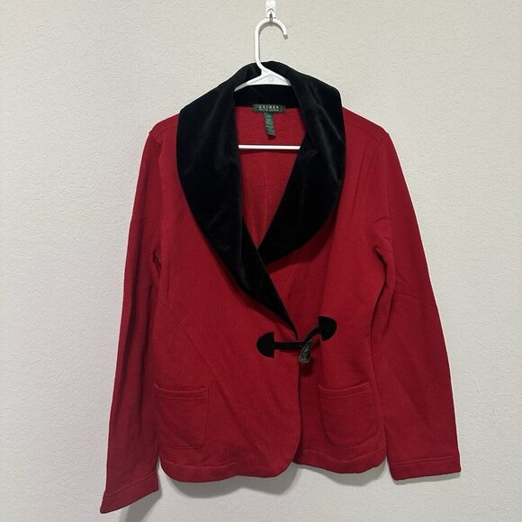 Lauren Ralph Womens Red Black Velvet Collar Fleece Blazer Jacket Size Large - Picture 1 of 8